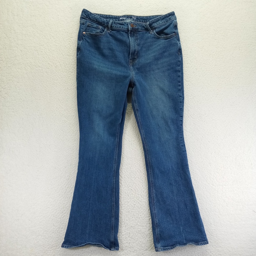 Old Navy Extra High-Rise Flare Smooth Jeans 16 Medium Wash Blue Stretch Denim